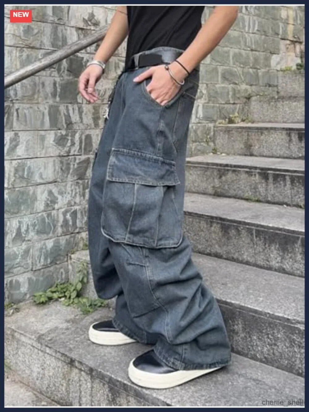 Mens Baggy Cargo Jeans Wide Leg Denim Pants Y2K Streetwear Cotton